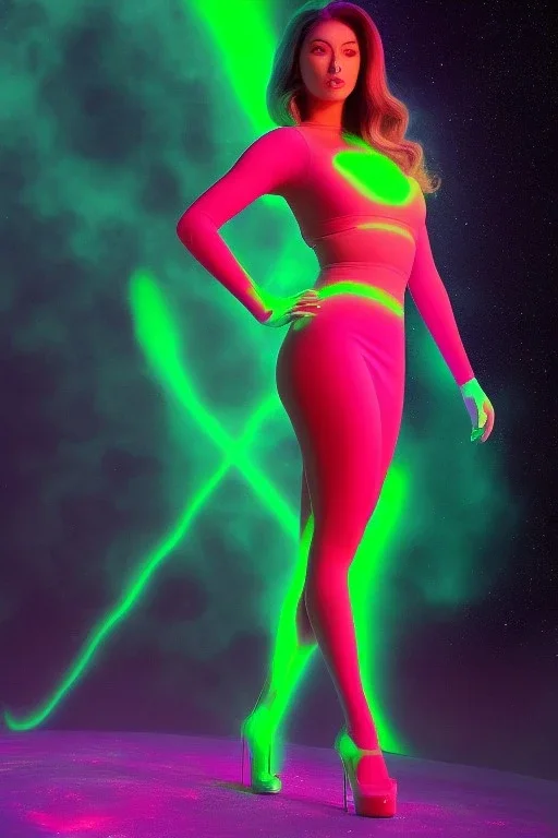 Full body portrait, painting, medium shot lady Spacecore volumetric nuclear waste glow skin-tight crop top and volumetric nuclear waste glow skin-tight miniskirt