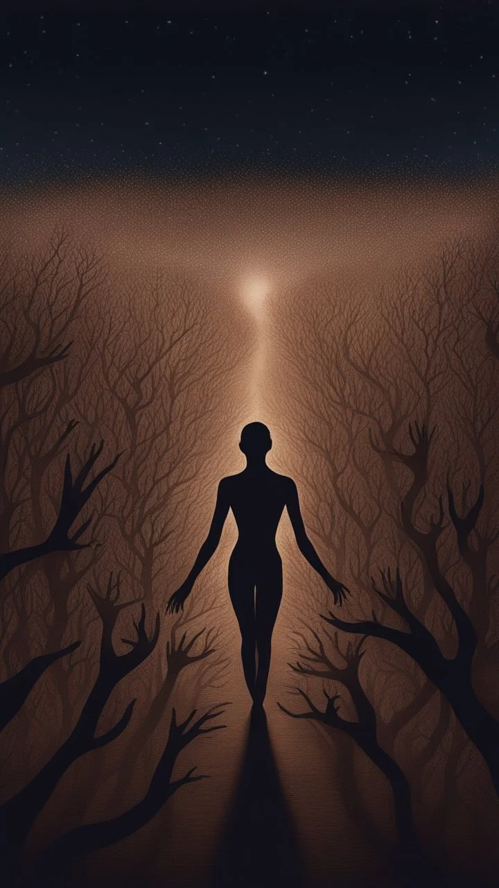 In the woods of hands at night, brown skin, night, night, tall, thin field of thousands of hands standing migrating