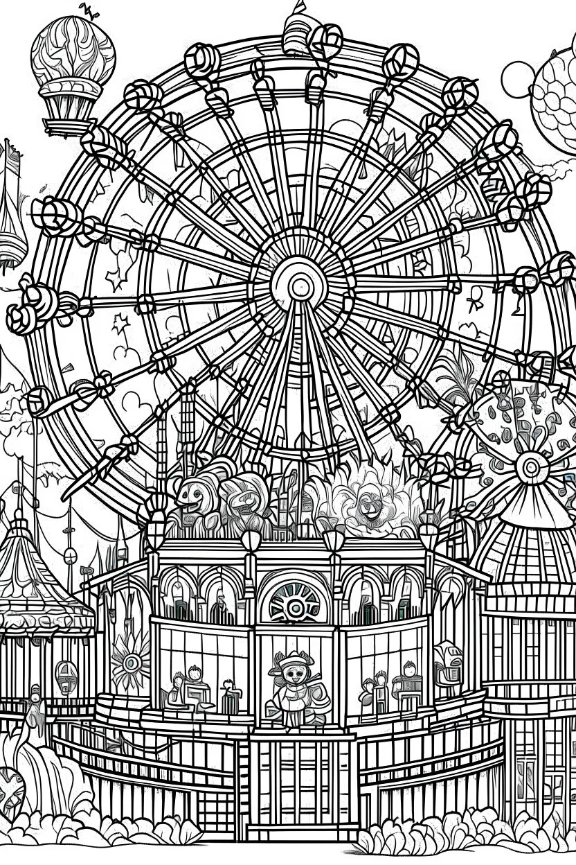 A haunted carnival with ghostly rides, creepy clowns, and a ferris wheel. Outline, sketch style, only use outline, mandala style, clean line art, white background, no shadows, no clear wall, coloring page.