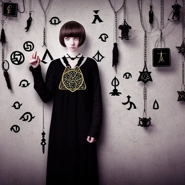 Realistic photo Russian shorthair tomboy with black magic evil forces amulet on the neck boyish face men's look boys face boylike in lacy girlish nightgown in girlish room with amulets of black magic and symbols of evil forces on the wall