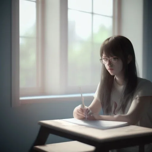 female student studying by the window, anime style,perfect face, cool face, unreal engine 5, cinema4d, sun light, studio lighting --ar 1:1 --v 4