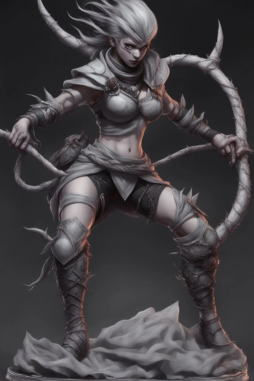 female gray skin, Shadar-Kai wielding a Whip made out of black thorns, clothes with a dark rose theme