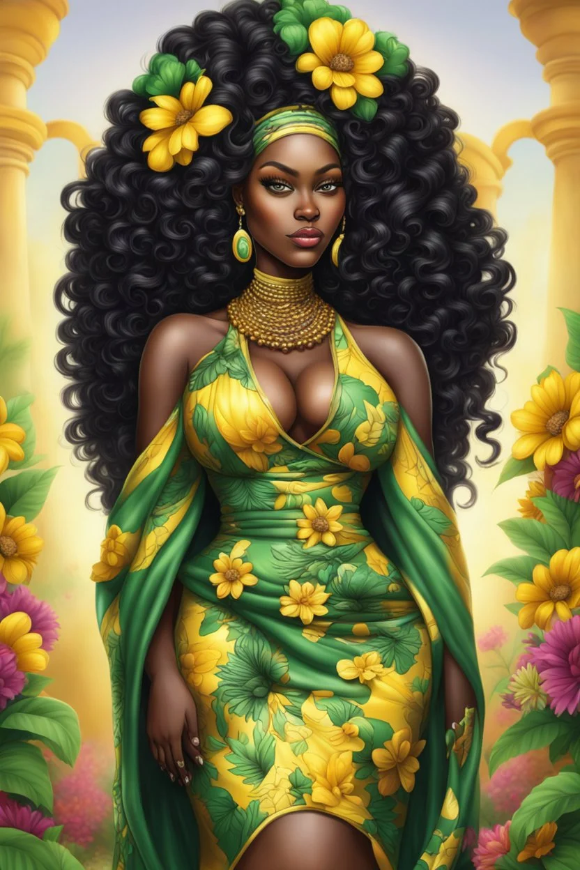 Create a digital airbrush cartoon of a curvy African female wearing Nigeria outfit that's yellow, green and black. Prominent make up with hazel eyes. Highly detailed very long extremely curly black hair. Her skin is smooth and silky. Background of a judge full of colorful flowers