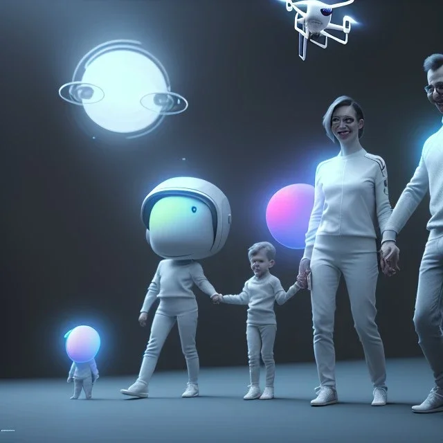 Ultra Realistic classic family portrait, living room. father. mother. daughter. alien pet. Little flying drone. retro futuristic, minimal style. smile, happy. highly detailed, concept art, unreal engine 5, ray tracing, RTX, lumen lighting, ultra detail, volumetric lighting, 3d, finely drawn, high definition, high resolution.