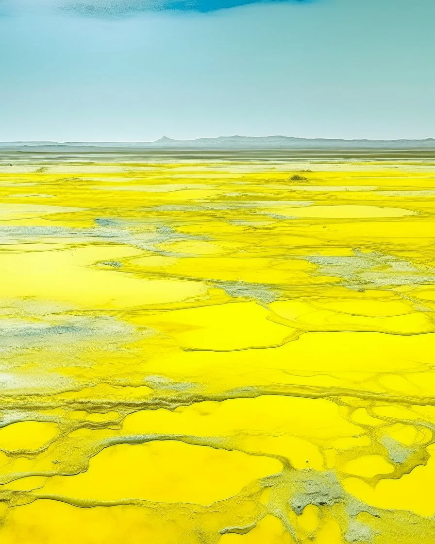 A light yellow wasteland with acid pools painted by Piet Mondrian