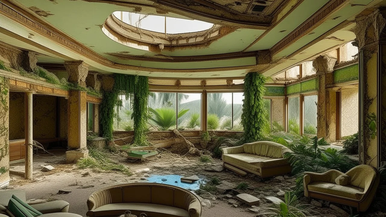 An abandoned luxury hotel, with cluttered rooms and empty pools, as nature begins to invade the luxurious interiors
