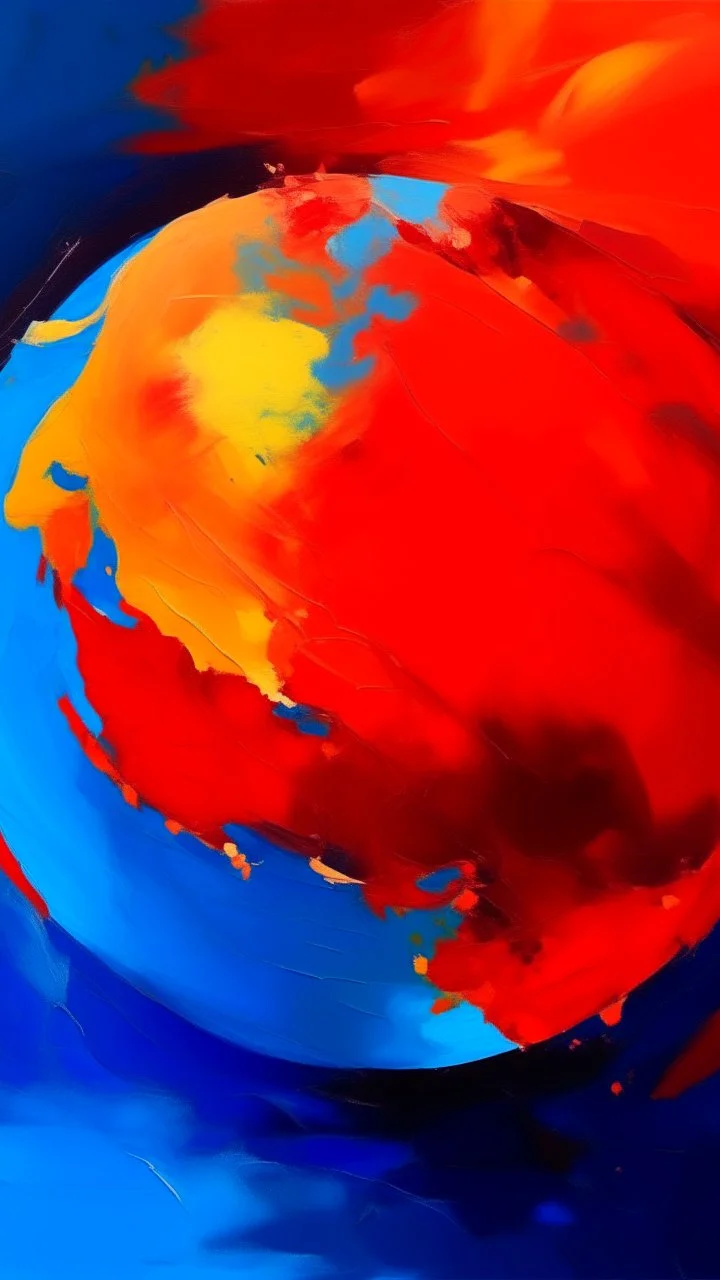 abstract painting of a planet earth in bold red, orange, and blue tones, dynamic brush strokes, ocean background hinted through color layers, expressive and elegant modern art, oil paint texture, --ar 4:5 --v 6 --style raw --quality 2