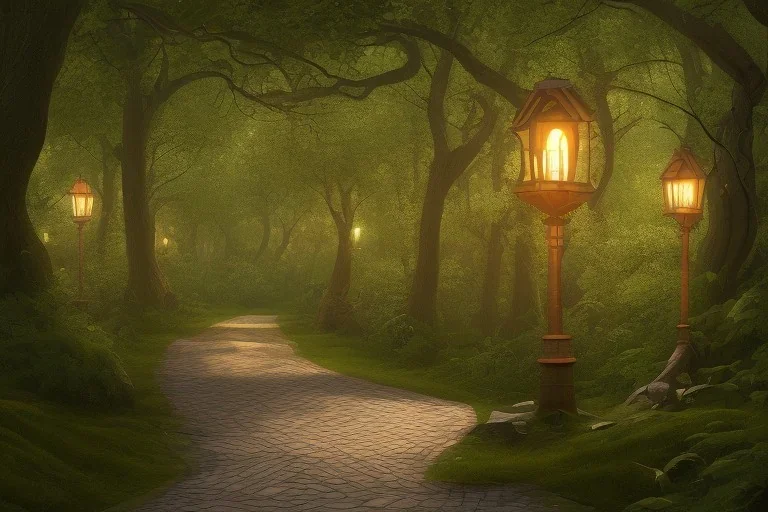 wooded forest cobblestone path lantern