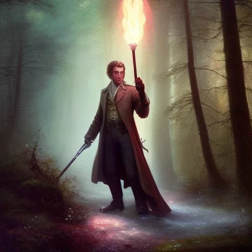 romantic fantasy spray painting, william Turner, watercolor, dark robed poet holding torch in magical forest