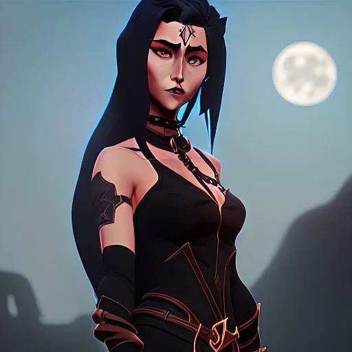 black hair lady warrior top with blade under the Moon