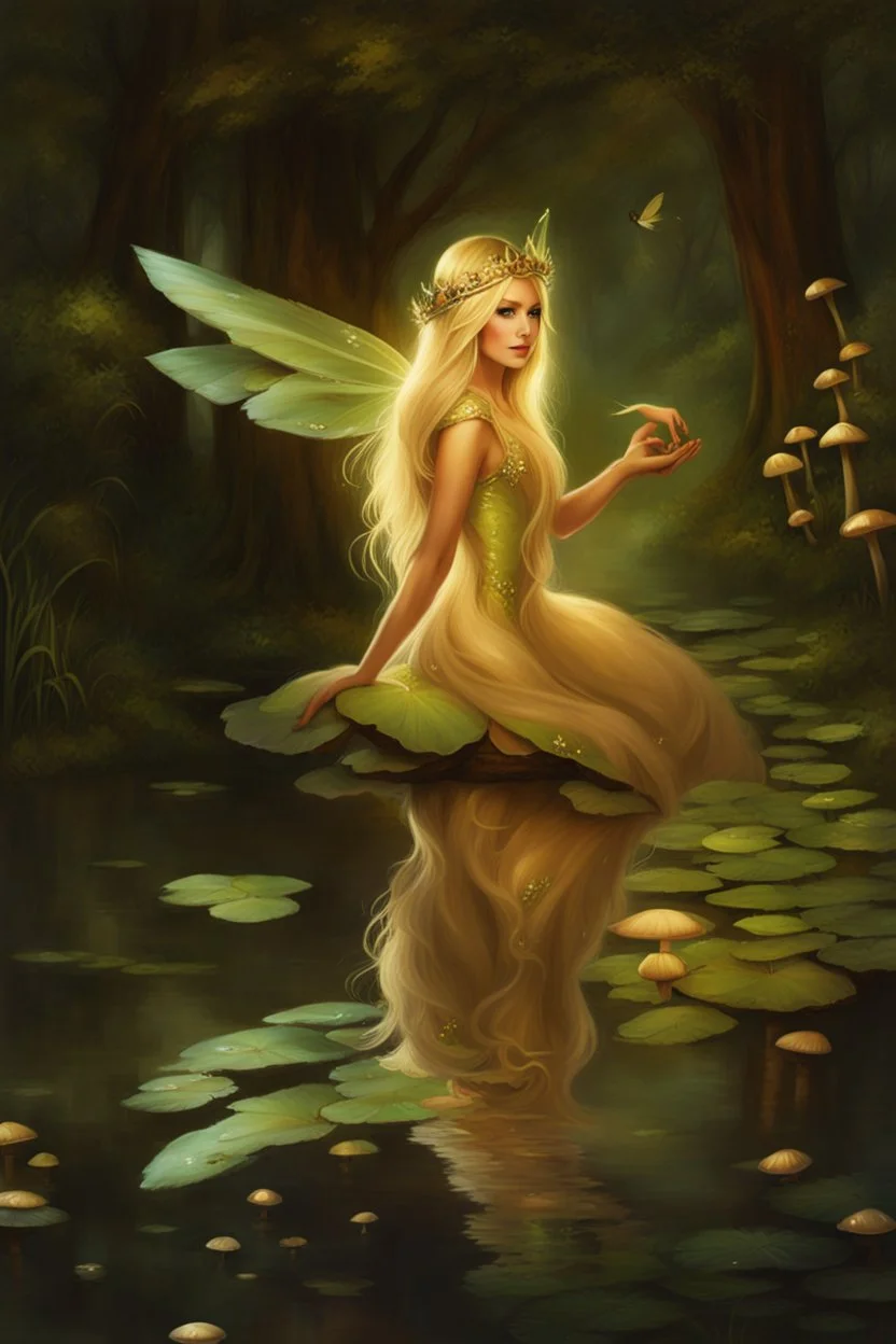 Fairy Princess, long blonde hair,long golden hair, Fairy crown ,fairy, fairy wings, mushrooms ,sparkle,waterlilies,flawless feet,Lilly of the valleys