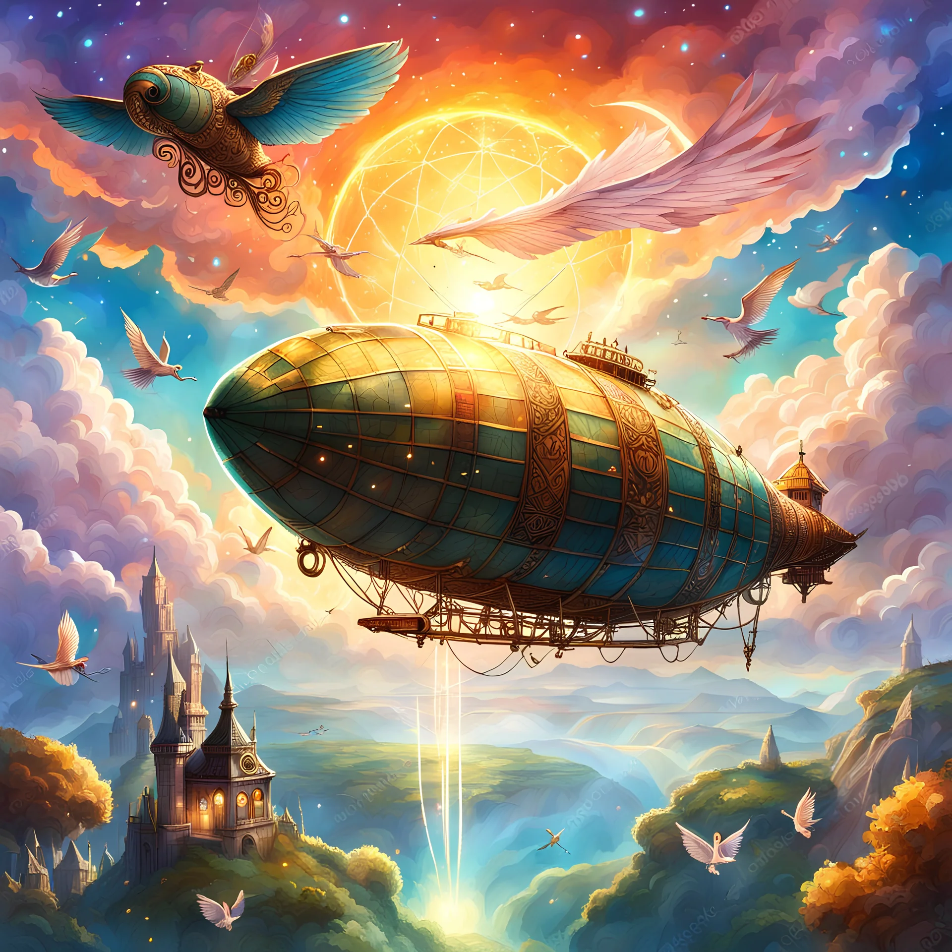 A zeppiln flying in a fantasy sky next to fantasy creatures. Light, Sunset, Happy, Fantasy. Magical. Epic. Dramatic, highly detailed, digital painting, masterpiece