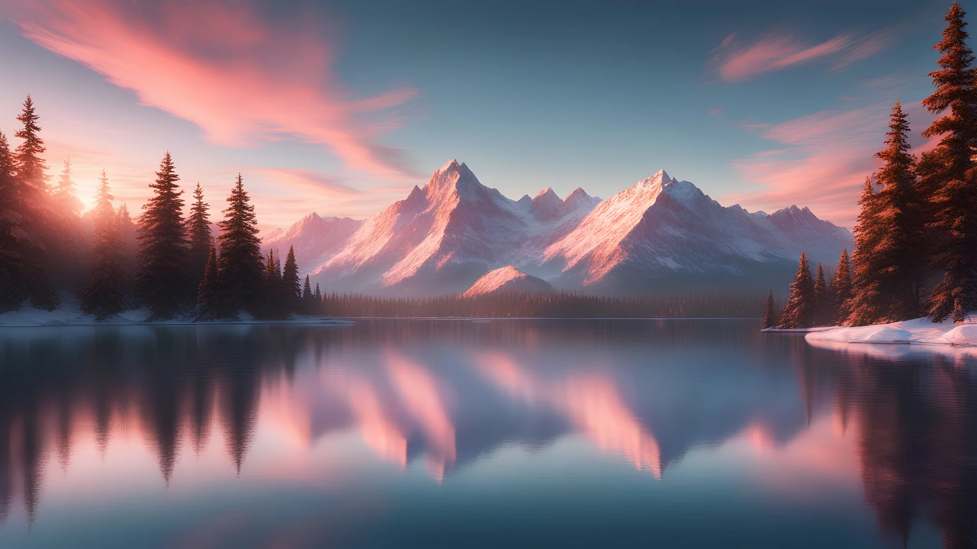 Render a serene panoramic view of majestic, snow-capped peaks rising above a tranquil alpine lake at sunset. Use bold yet muted tones - deep teal waters reflecting the muted pinks and oranges of wispy clouds streaking an azure sky. In the foreground, silhouette a stand of evergreen trees against the twilight colors. Capture the awe-inspiring grandeur and stillness of an unspoiled wilderness through careful lighting, subtle textures, and balanced composition.