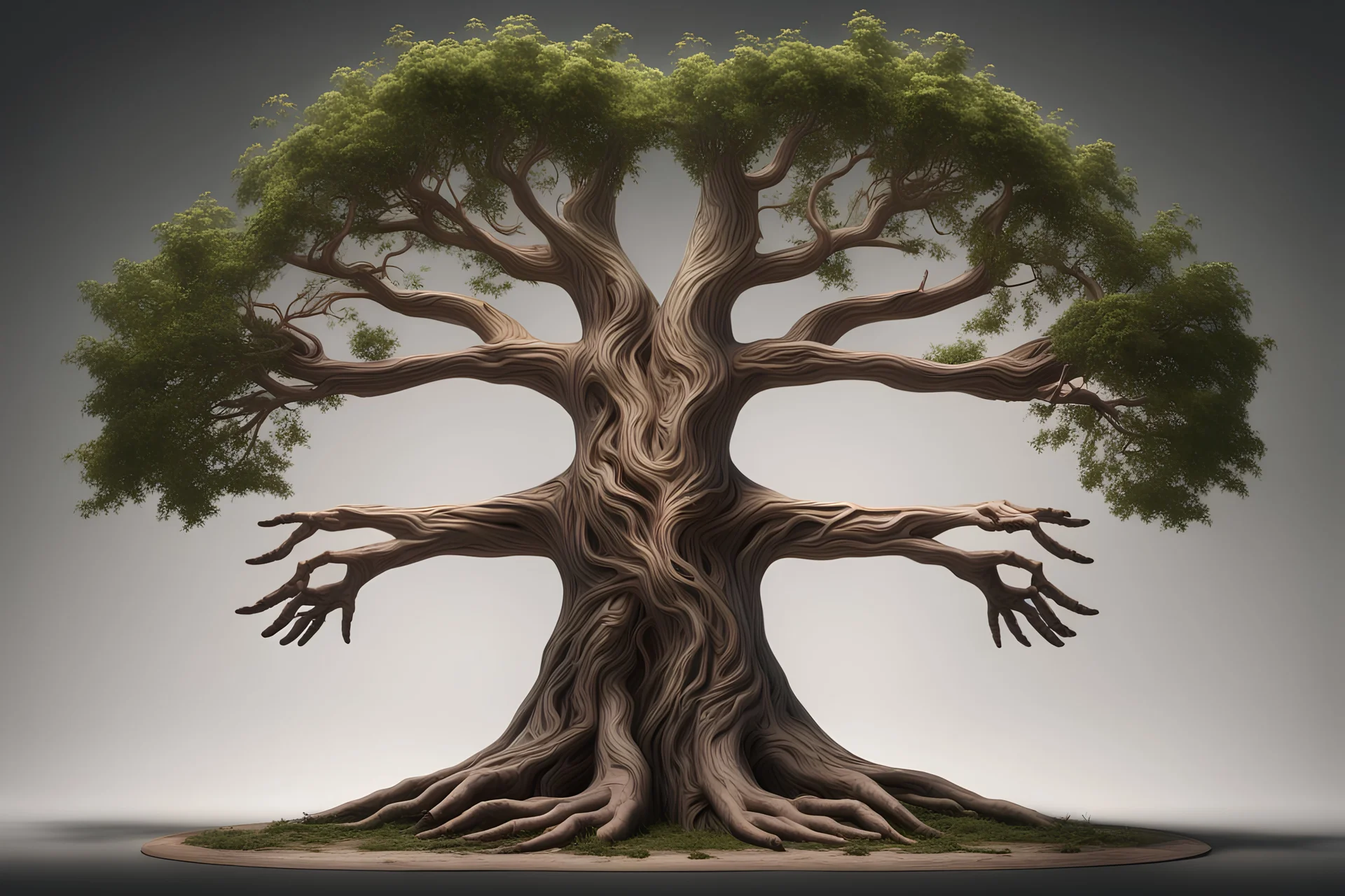 10k resolution, unreal engine 5, Generate an image of the Tree of Life with anatomically correct hands held palms up positioned symmetrically below the tree. The hands should be centered beneath the tree and proportionate to the size of the tree. Ensure that the tree is depicted with intricate details, representing its symbolic significance across cultures and mythologies.