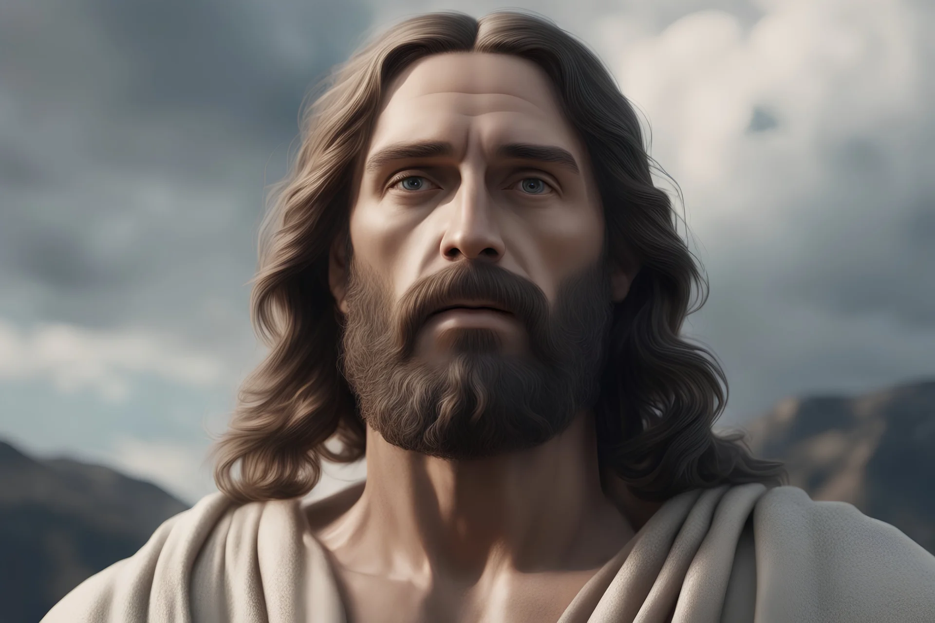 Jesus Christ with a beard on the cross of Calva.,hyper-realistic,cinematographic,8k