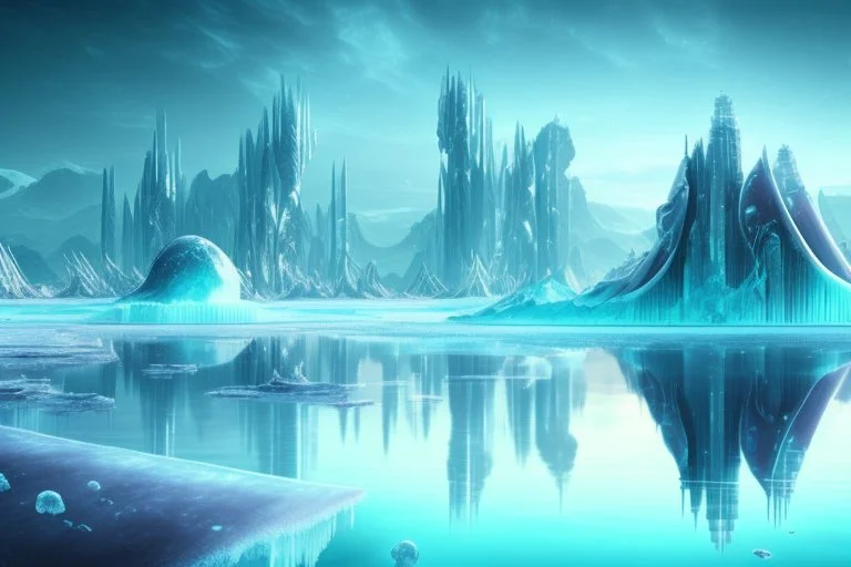 ice, lagoon, seashore, distant futuristic city, epic, sci-fi