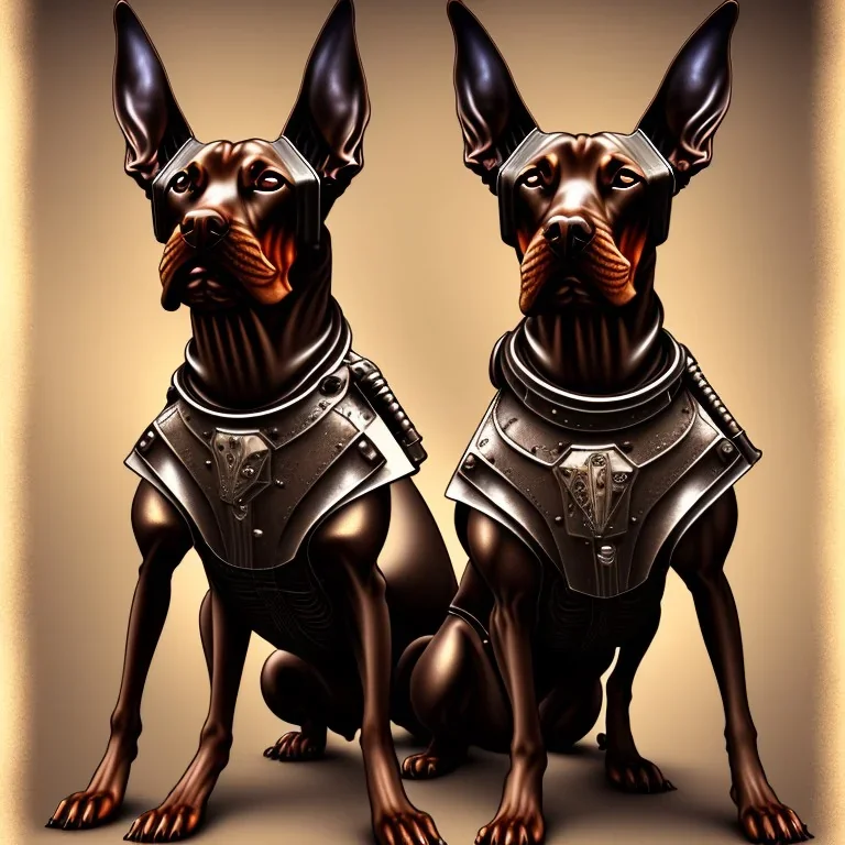 Chiens avec armure steampunk, combat de chiens, doberman