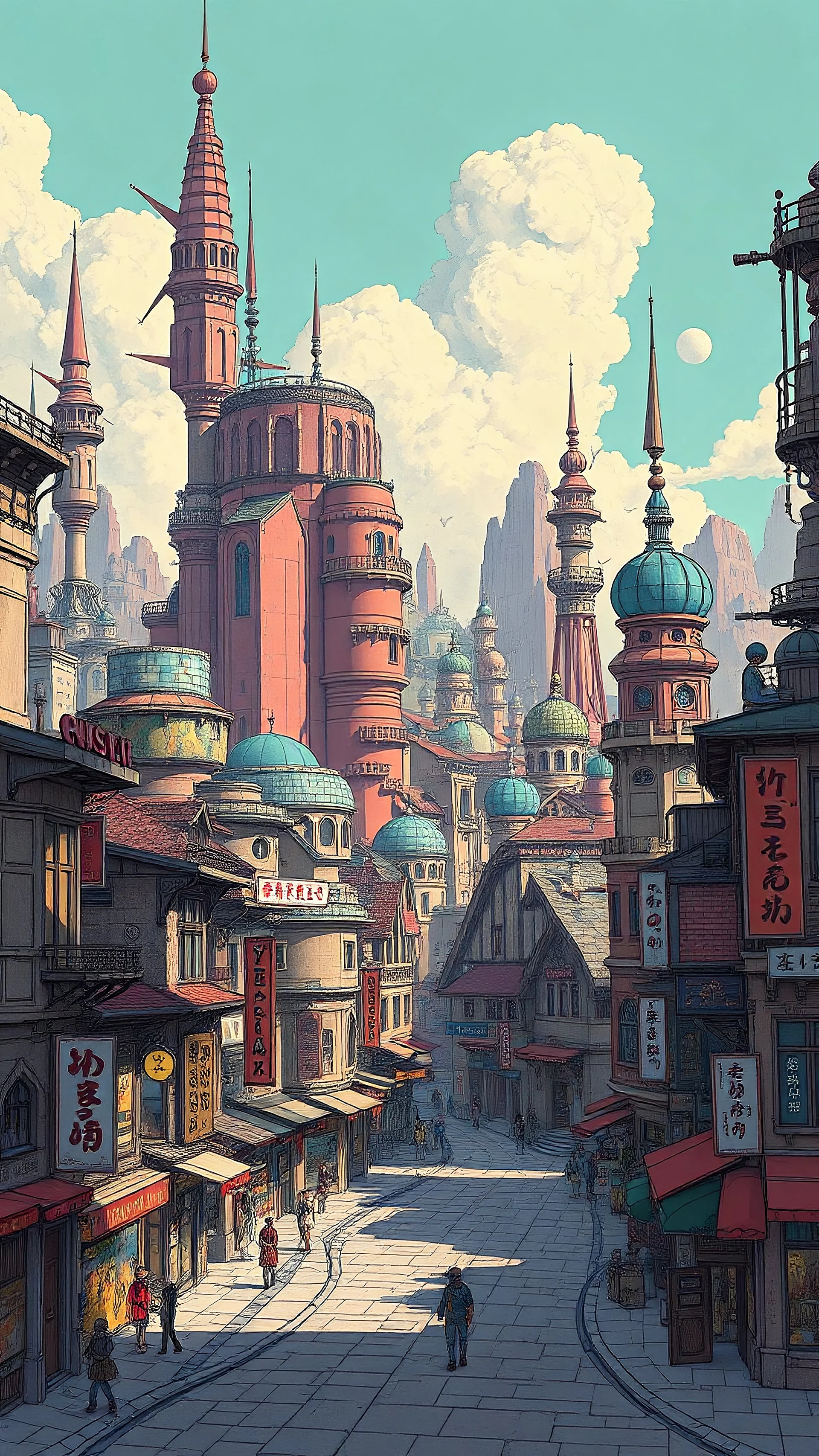 sci-fi/fantasy city, unique culture, unique buildings, signs in a fantasy language, retro-futurism, Jean Giraud artstyle, Sam Bosma artstyle, Thomas Hayman artstyle