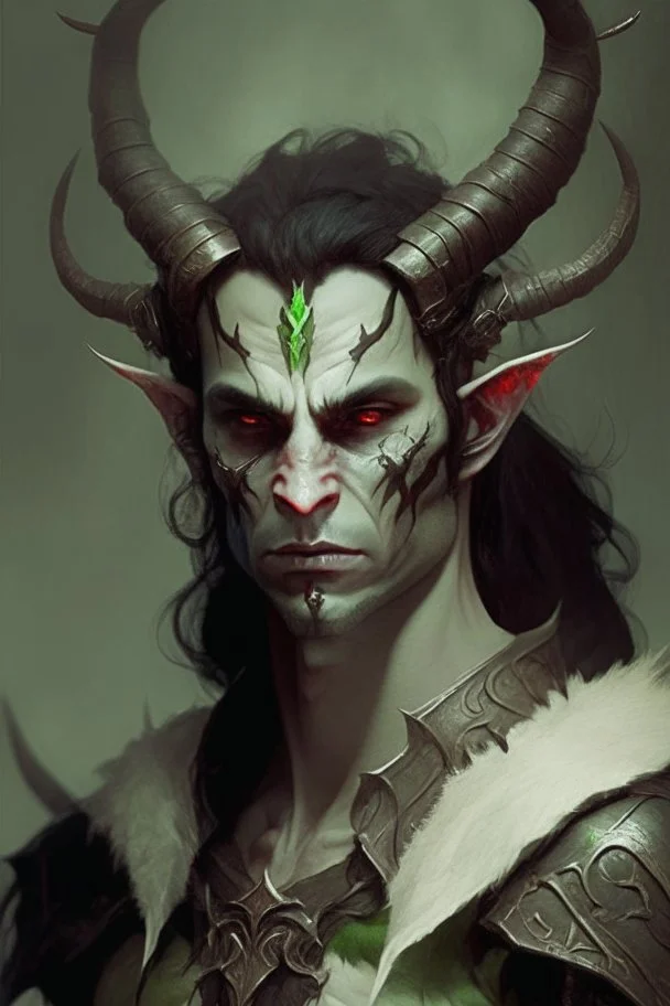 Demonio hombre de piel blanca y cabello marron hermoso con cuernos pequeños y armadura negra y verde