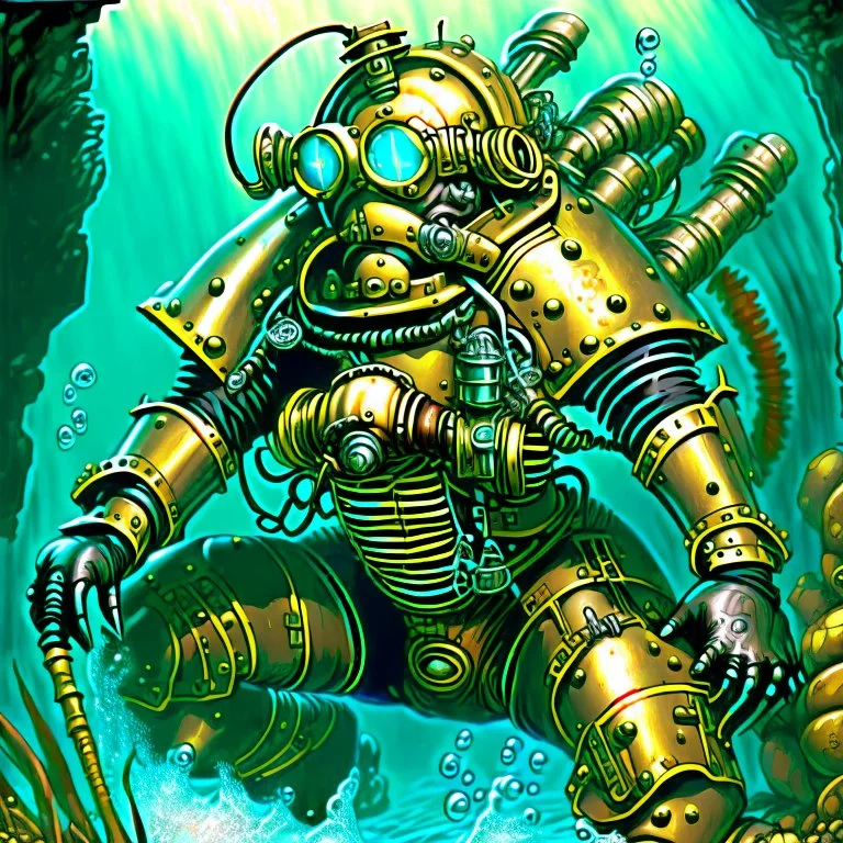 90's TCG retro scifi art of a steampunk diver with big armor