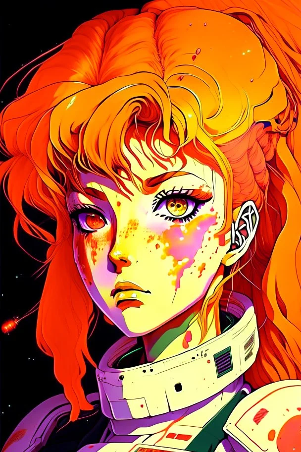 90s anime sci fi orange hair space Captain girl blood on face sacred