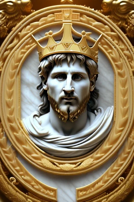 Ultra Realistic image, Roman sculpture, clean white marble material, Lionel Messi, gold Laurel leaves wreath, god crown, renaissance ornaments, one gold star in heart, sun ornament, sun rays background, chisel style, waist up portrait, emperor style, epic, celestial, cinematic lighting, God light, god rays, 4k resolution, smooth details, ornate details, soft lighting, unreal engine 5, art station, substance 3d.