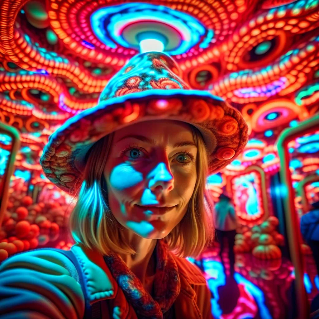 AI hippie selfie in strange twisted psychedelic fluorescent mushroom mirror arcade hall , photo-realistic, shot on Hasselblad h6d-400c, zeiss prime lens, bokeh like f/0.8, tilt-shift lens 8k, high detail, smooth render, down-light, unreal engine, downlight