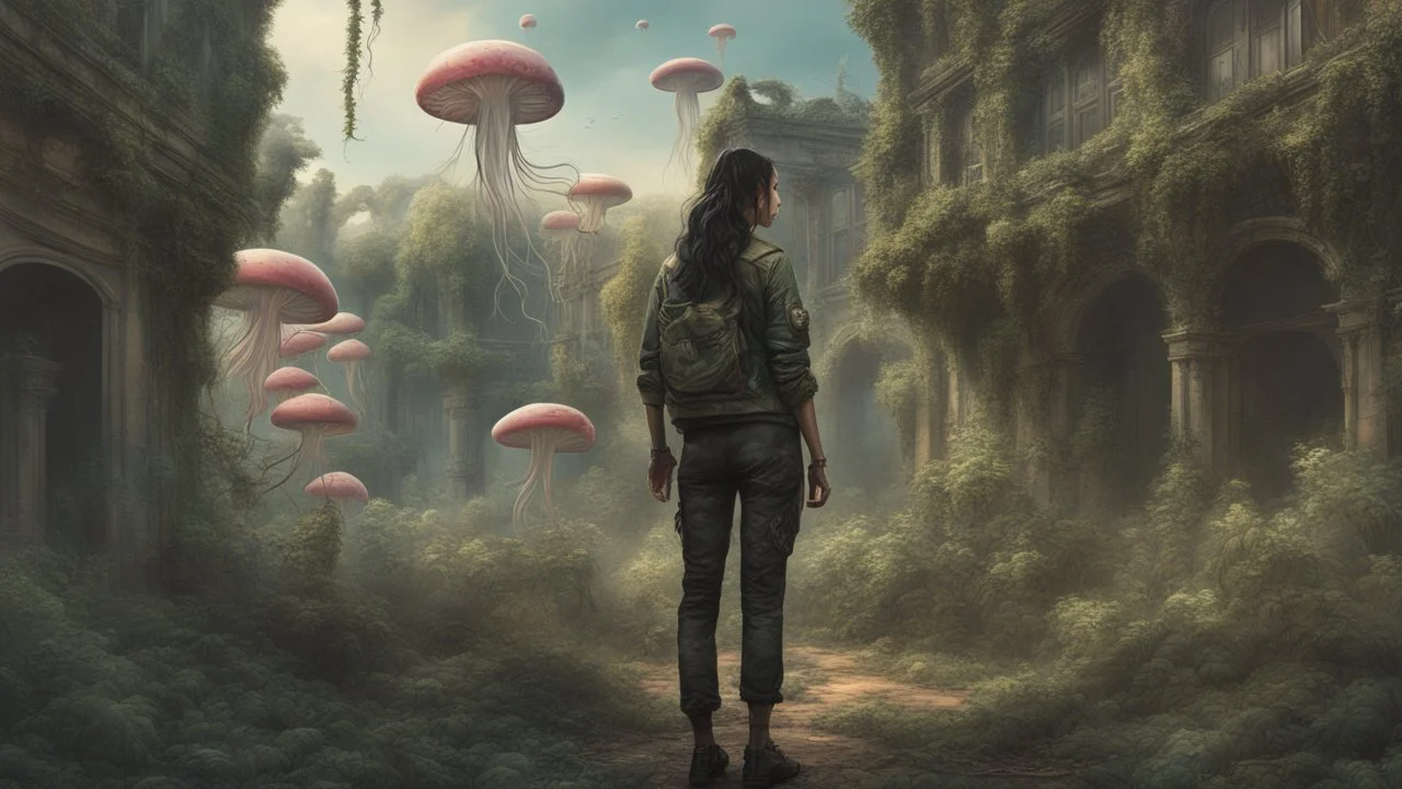 floating alien mushrooms with jellyfish tentacles, rampant foliage, vines, and Spanish moss, next to derelict buildings, a woman with black hair in a ponytail, camouflage trousers and jacket, photorealistic, Intricate Detail