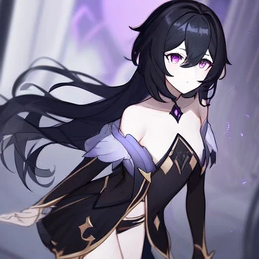 Clear focus, High resolution, rough line sketch art, long black hair, hair between eyes, fluffy hair, purple eyes, wearing a off shoulder shirt, no spaghetti strapes, dark aura, 1girl, wearing a skirt, genshin impact, wearing a little bit revealing outfit