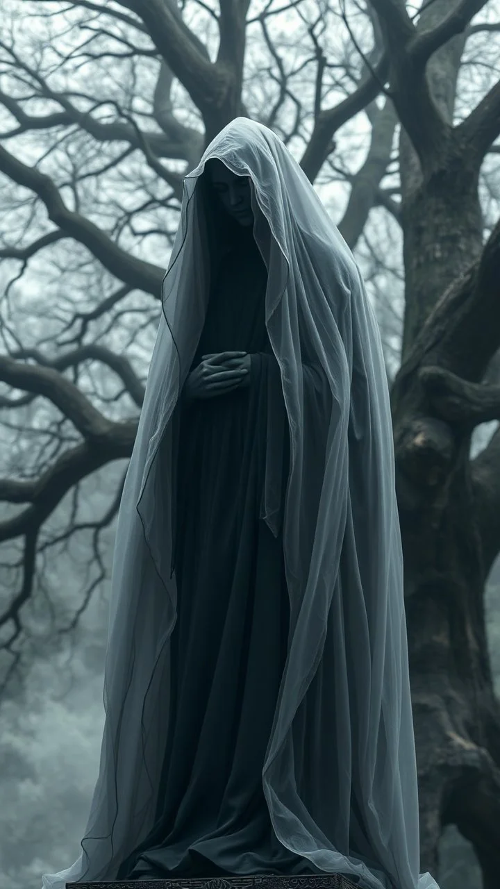 In a mesmerizing and ethereal manner, an otherworldly being emerges in the form of a translucent grey hood statue flowing smoky black robes. Forward facing a big tree in the background