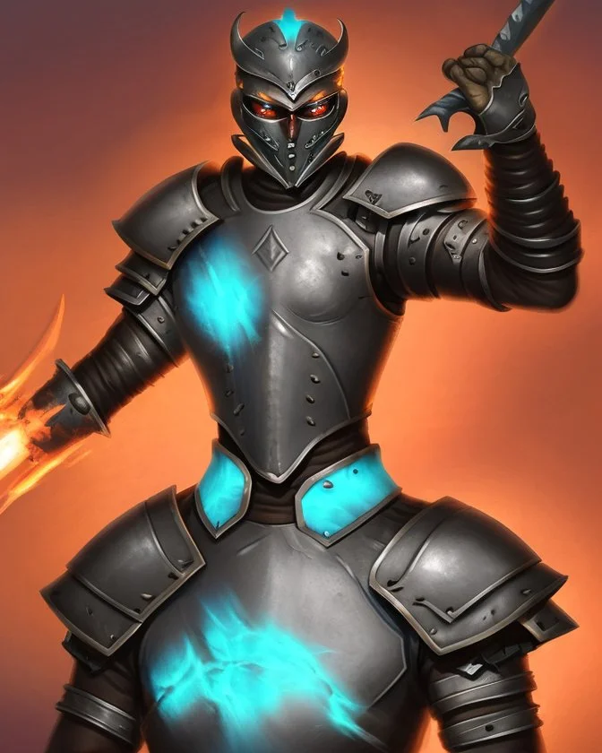 A commander with flaming eyes with flaming light blue pupils with stubble An armor made of a mixture of steel and leather, worn by a strong commander with magical power stands atop a squire