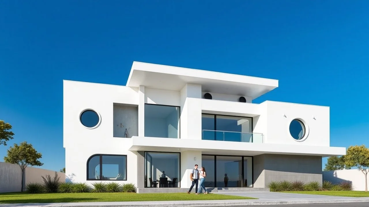 Summary: The image depicts a modern architectural building set against a clear blue sky, featuring sleek lines and circular windows.Detailed Description:Objects: The main object is a contemporary house with a combination of flat and curved structural elements. The building has large glass windows that suggest an open and airy interior, while the exterior features a mix of smooth white and gray surfaces.People: Two individuals are visible in the scene, positioned near the entrance, engaging with