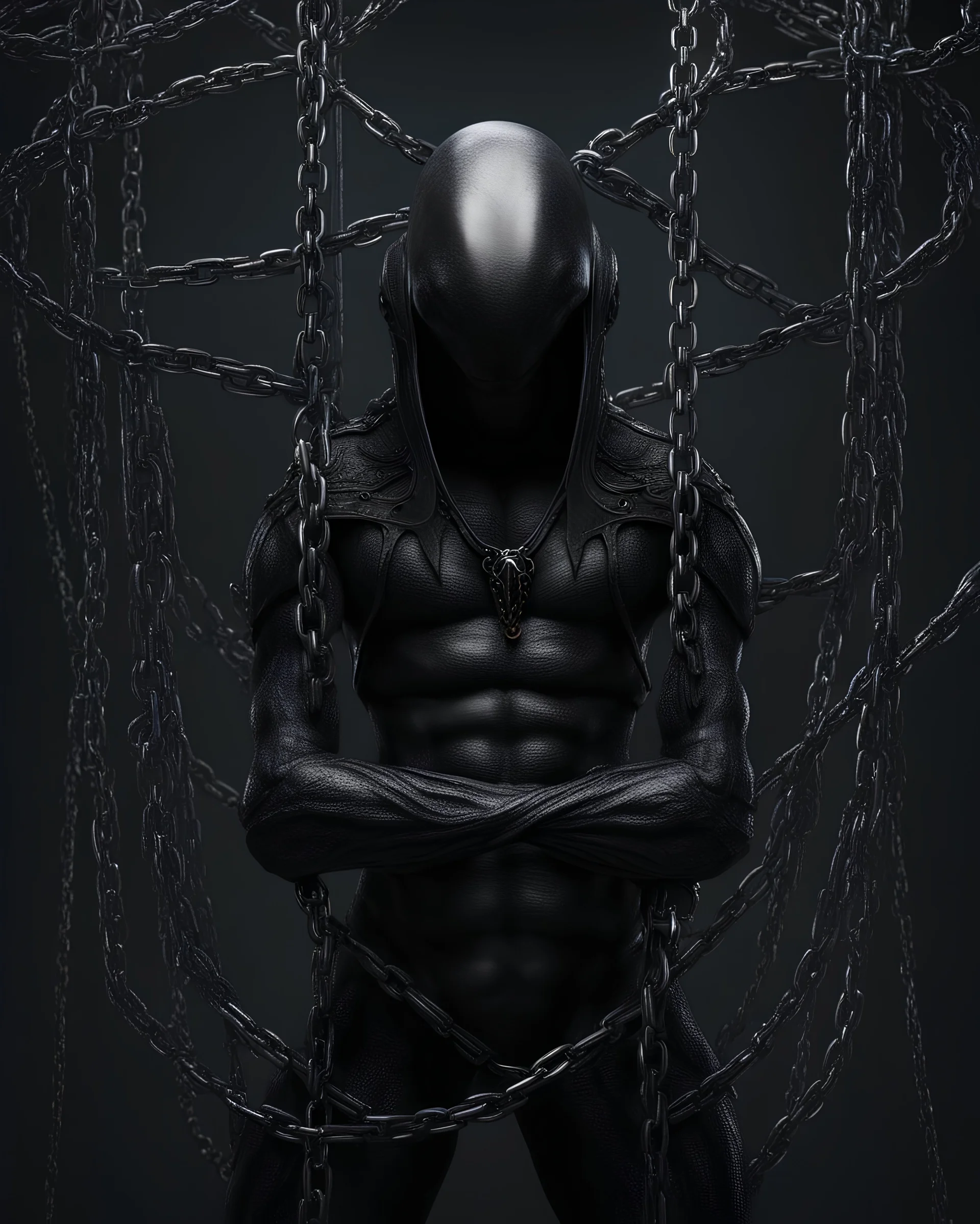 Dark fantasy scifi cage alien with chain body holding long chains