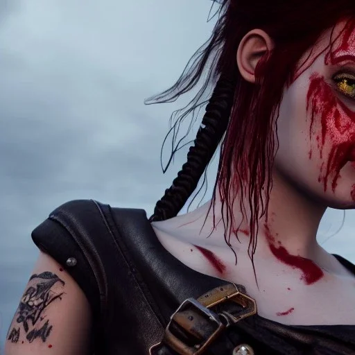 illustrator, hyper realistic, young spanish pirate girl crying, short hair.lips red with blood. tatoos on neck. dressed in leather and metal bra. pirate ships. high details, thunderstorm. 4k, unreal engine, misty