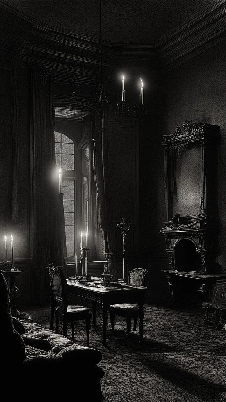 Generate an image of the interior of a haunted castle with dilapidated furniture and dim candlelight, capturing the haunting ambiance of 'Diabel' (1972). Include subtle ghostly apparitions or spectral figures