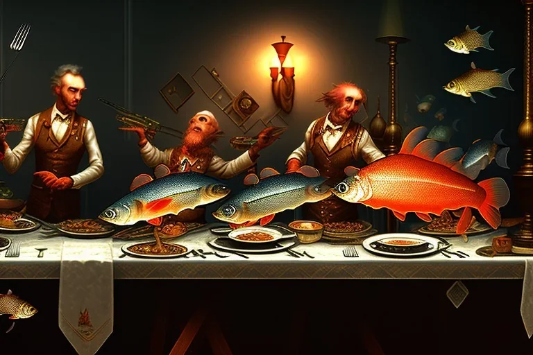 supper, fish sit at the table and eat pieces of people.