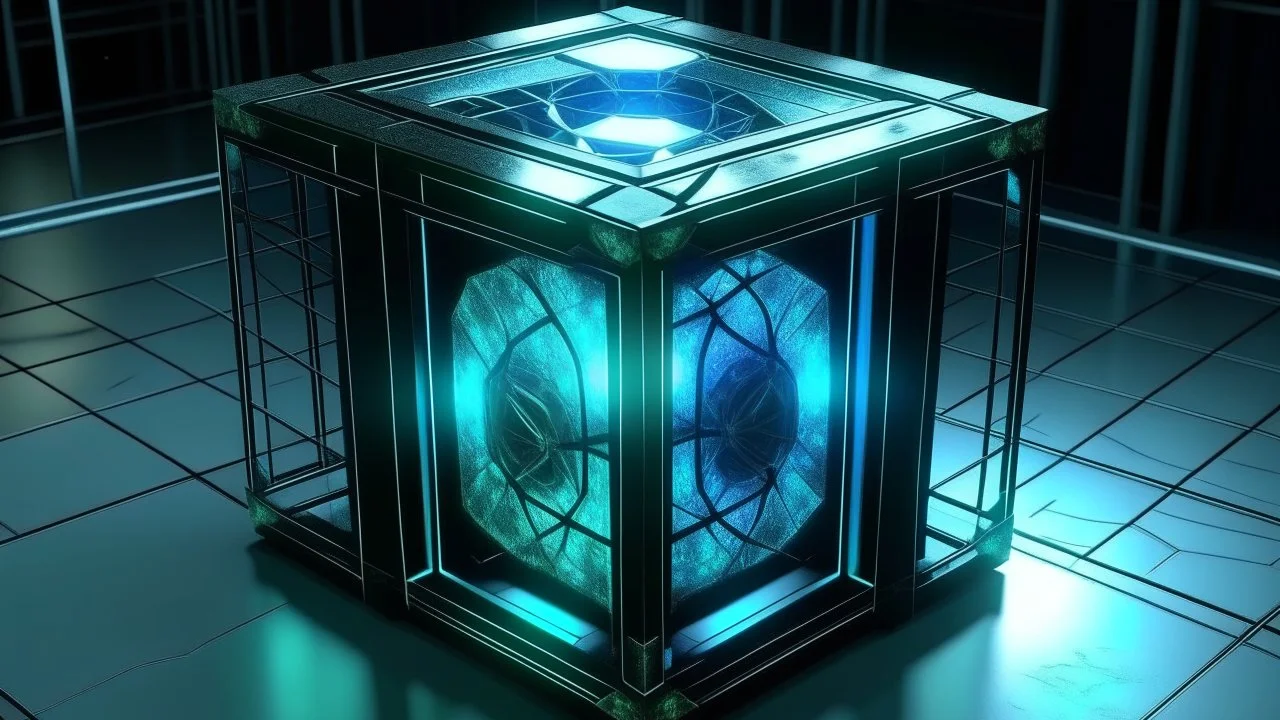 Cube tesseract from movie Loki. Tesseract size must be half of ration size. Located strictly in the middle of picture with space around it and with navy blue/green glow inside tesseract. Without surface/table on which it stay.