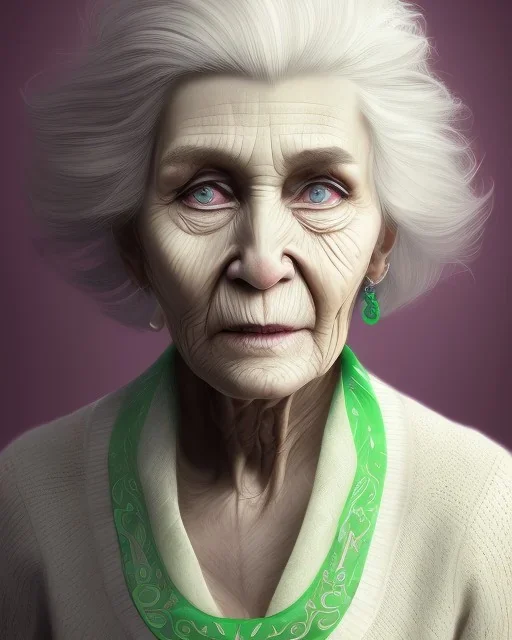 portrait of a dignified old woman with green eyes and white hair