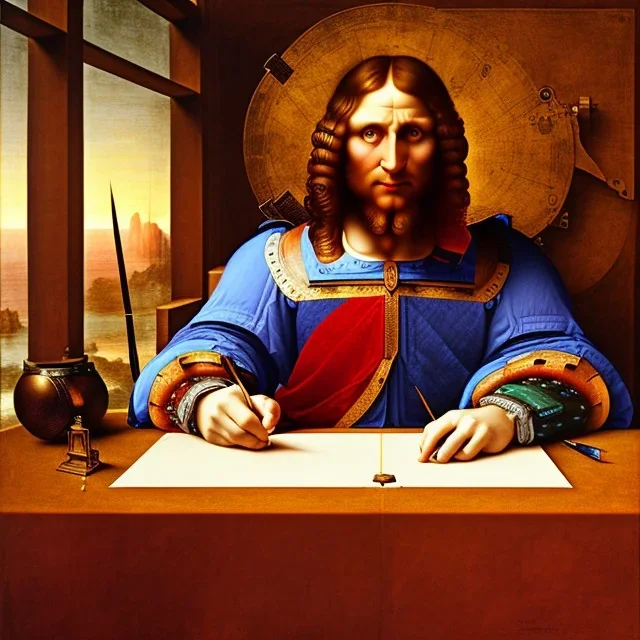 leonardo da vinci works in his study on a laptop at his desk. painting in photoshop. hyperdetailed, warm colors, movie poster, photoillustration, oil on canvas, lens flare