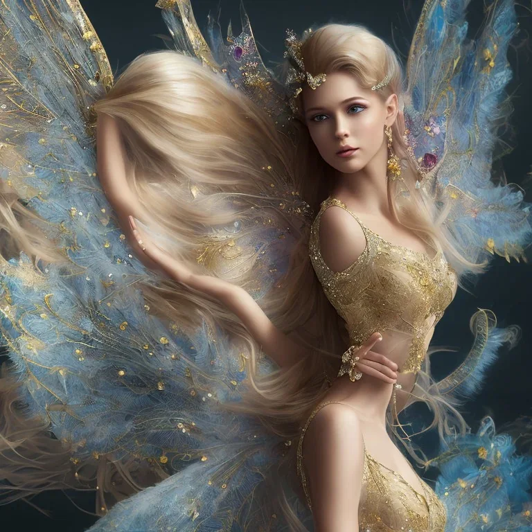 fantasy fairy with wings, smiling, make up, long blond hair