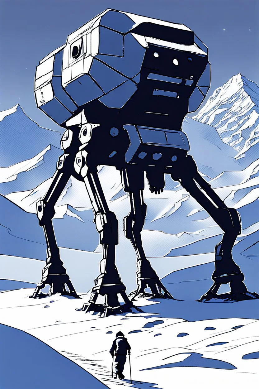 a minimalist silhouette of a sleek mechanical walker with eight legs scaling a very steep snow covered side of mout everest at night, it has a smooth surface, it has storage pods on its belly and humans can fit in the pods