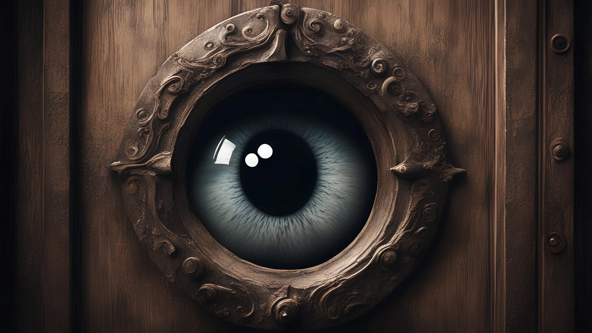 (masterpiece), eye, looking through the keyhole of door, dark horor art style, extreme quality, old door keyhole, realistic eyes, old door