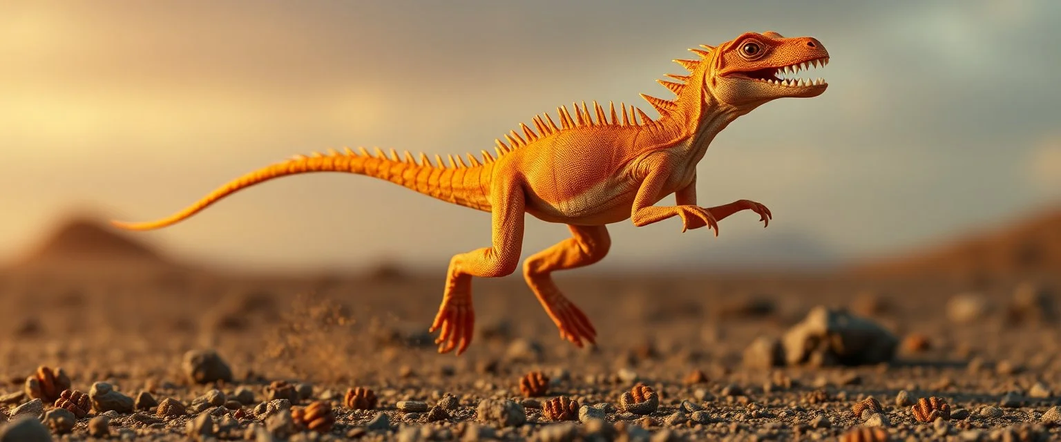 a Spinolestes with no hair or wool, and orange lizard like skin, running crazy like a dino