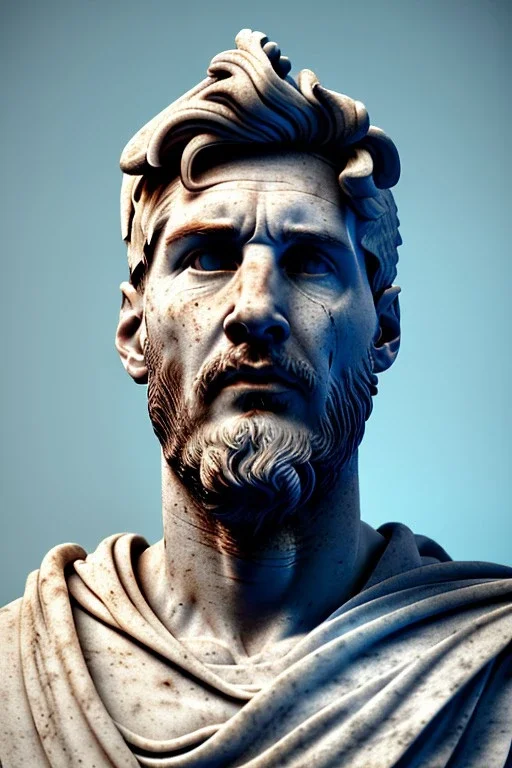 Ultra Realistic image, roman sculpture, luxury white marble material, Lionel Messi, leaves Laurel crown, Renaissance style, miguel angel style, chisel style, emperor, waist up portrait, epic, celestial, cinematic lighting, God light, god rays, 4k resolution, smooth details, ornate details, soft lighting, unreal engine 5, sky background.