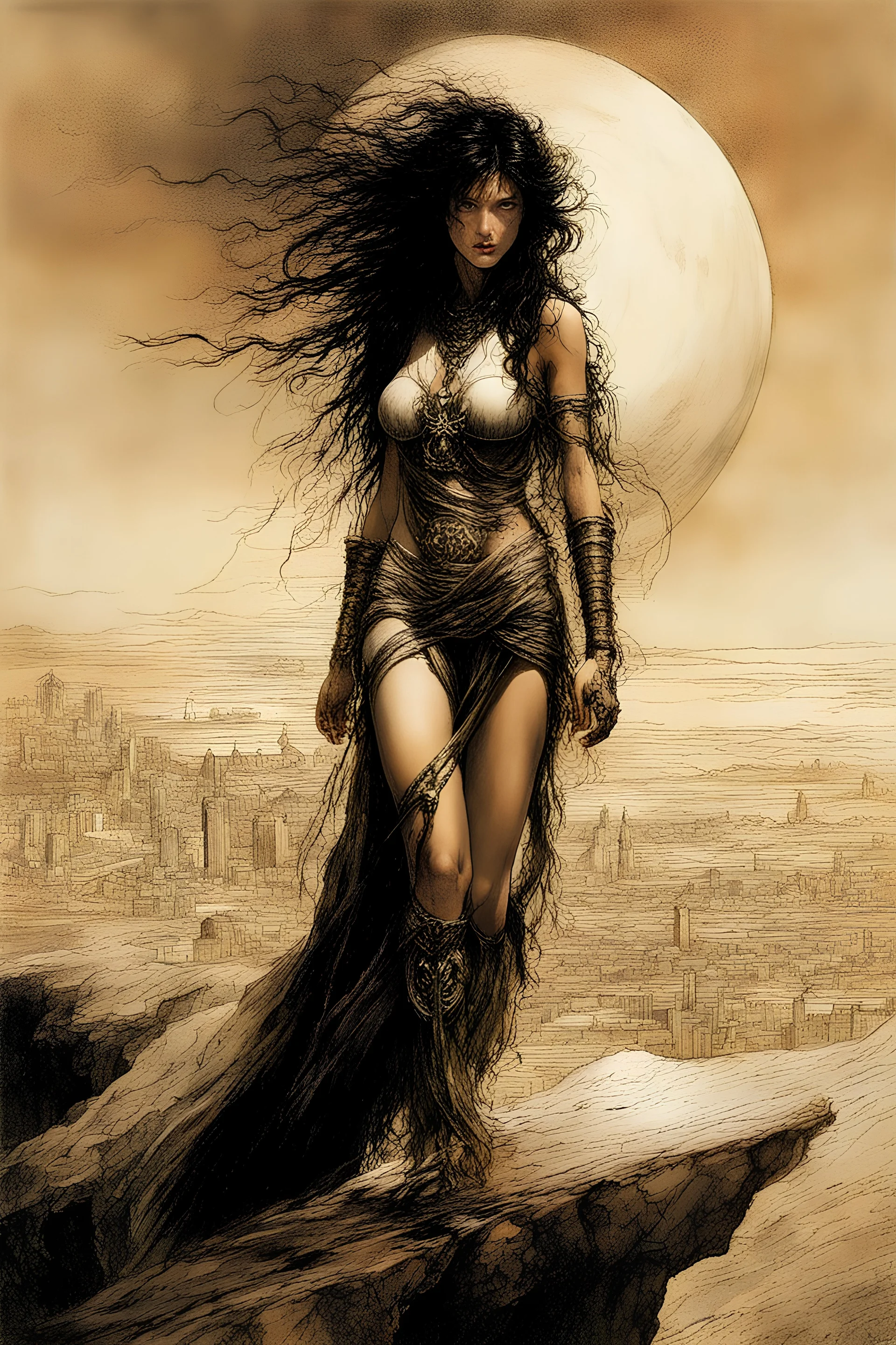 Hyper-photorealistic watercolor art style by Luis Royo & Stephan Martiniere, Surreal fine art etching of a figure by Luis Royo, tanned skin inscribed with the transient story of mortality, ethereal light playing with its form whispering tales of an eternal realm, eyes, black as the depths of the night, ardently pinand looking towards the endless skies, of black hair mirroring the mystery of the cosmos around, whole scene tinged with an ethereal softness from volumetric lighting, hues gr,