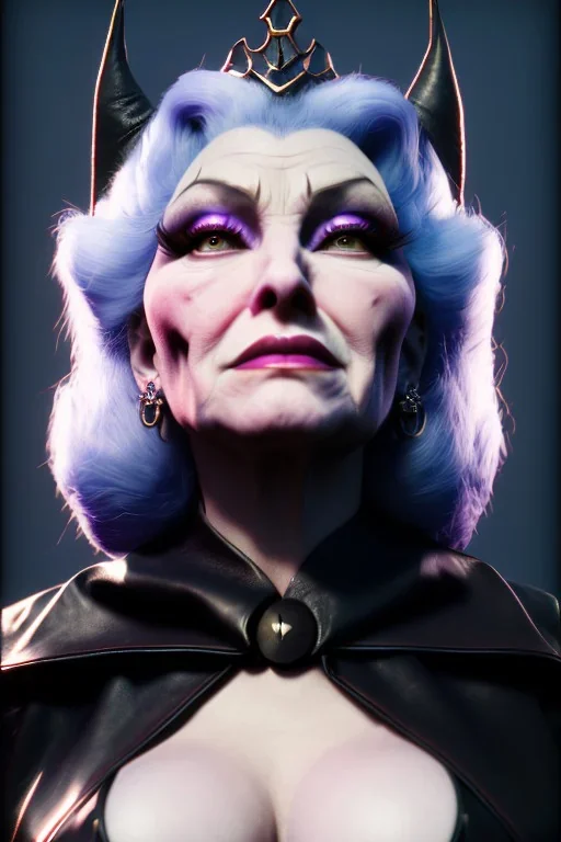 Mae West as evil queen in black leather, leather, busty, cleavage, angry, stern look. character design by cory loftis, fenghua zhong, ryohei hase, ismail inceoglu and ruan jia. unreal engine 5, artistic lighting, highly detailed, photorealistic, fantasy