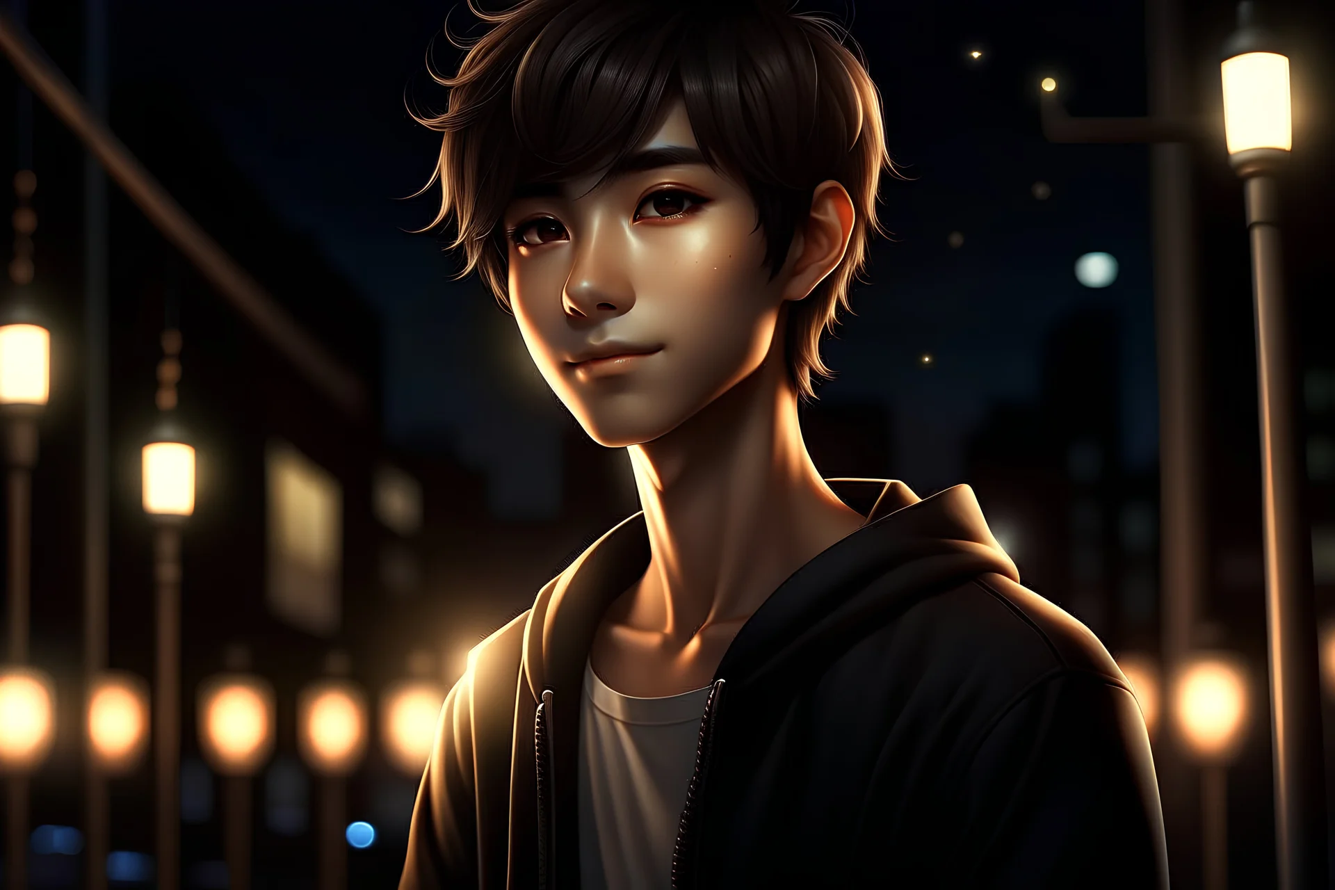 Digital art, high quality, digital masterpiece, natural illumination, night illumination, realistic, spotlight, magazine style, (fullbody:2.5), (1 young boy:2.5), (Short dark brown hair:1.8), (Tan skin:1.8), (Cute femenine face:1), Cute, (Shy smile:1.8), (Whitw snow at background:1.8), snowman, action film style, comicbook style