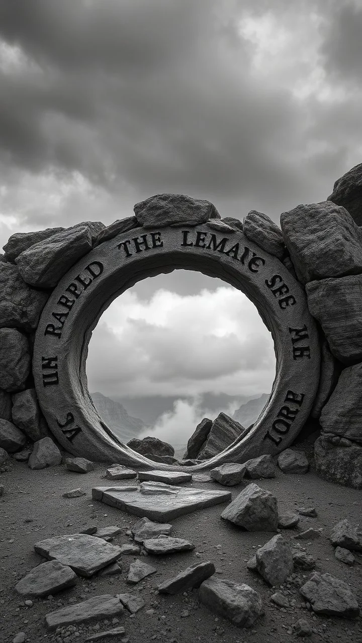 A depressing image of pattera in Jordan sad and emotional thought-provoking image of A rocky portal of a strange ring with strange words on it , the world of gray. those in the grayscale. Those beyond the portal in the color world are living and joyful.a stormy wether in the. Background