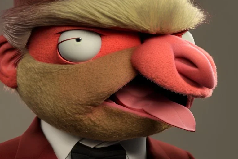 Angry muppet trump in a suit with a spray tan, tongue, looking forward,