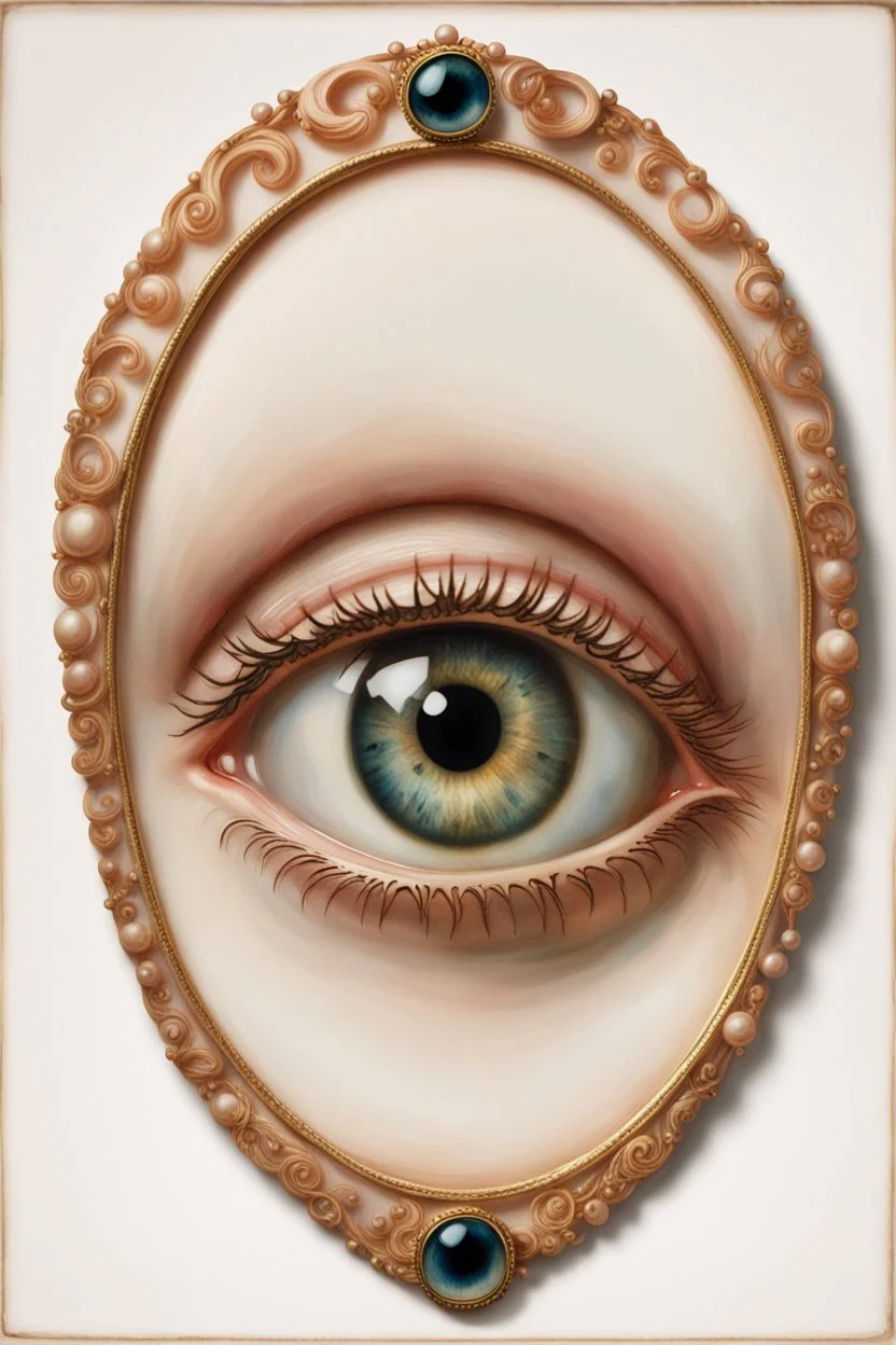 Set in rose-gold, mesmerizing—and bizarre is a Lovers Eye, Part-portrait, part-jewel, the miniature portraiture of a single eye of a beloved, painted with watercolor on ivory,18th century style, the beloved's eye floats uncannily against a monochromatic background. No other facial features anchored it, except an eyebrow. All focus on the composition’s core of a dark iris gazes ardently from behind a soft, love-drunk lid. Lovers eye portraiture, romantic, realism, Victorian, surrounded by blue ve